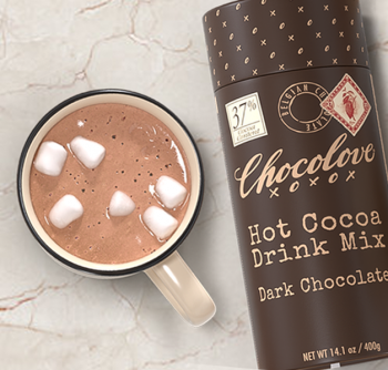 Canister of Chocolove gourmet Hot Cocoa Dark Chocolate Drink Mix next to a mug of hot cocoa with marshmallows