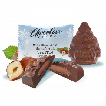 Cross section view of Chocolove Hazelnut Truffle in Milk Chocolate Tree-Shaped Holiday Bites