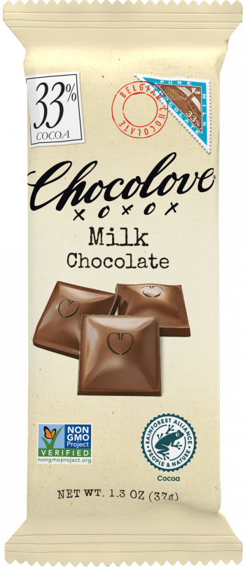 A Chocolove Milk Chocolate mini bar is fully sealed in its packaging. The wrapper has a warm, cream-colored tone with elegant black script branding. An image of three glossy chocolate squares with heart imprints is prominently displayed. A 33% cocoa label is in the top left corner, and a vintage-style postage stamp illustration of cocoa beans with a red Belgian Chocolate seal is near the top. Certification logos for Non-GMO and Rainforest Alliance are at the bottom.