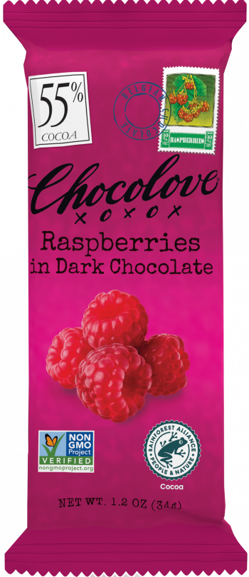 A Chocolove Raspberries in Dark Chocolate mini bar is sealed in its bright pink packaging. The wrapper features an elegant black script branding and an image of plump, juicy raspberries, highlighting the fresh fruit inclusion. A 55% cocoa label is in the top left corner, with a blue Belgian Chocolate stamp and a vintage-style postage illustration of raspberries near the top. Certification logos for Non-GMO and Rainforest Alliance are at the bottom.