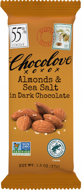 A Chocolove Almonds & Sea Salt in Dark Chocolate mini bar is sealed in its packaging. The wrapper is a rich brown tone with elegant black script branding. An image of whole almonds sprinkled with sea salt is displayed in the center, emphasizing the nutty and salty crunch. A 55% cocoa label is in the top left corner, with a red Belgian Chocolate stamp and a vintage-style postage illustration of almonds near the top. Certification logos for Non-GMO and Rainforest Alliance are at the bottom.