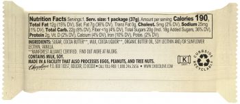 The back of a Chocolove Milk Chocolate mini bar package displays a nutritional facts panel with black text on a cream-colored background. It lists details such as 190 calories per serving, 12g of total fat, and 20g of total sugars. Below, the ingredients list includes sugar, cocoa butter, milk, cocoa liquor, organic butter oil, soy lecithin, and vanilla. There is an allergen warning stating the product contains milk and soy and is manufactured in a facility that processes eggs, peanuts, and tree nuts.