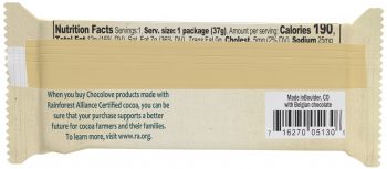 The back of the Chocolove Milk Chocolate mini bar packaging features a barcode with the product's UPC number. Next to it, a sustainability message in blue text states that Chocolove products made with Rainforest Alliance Certified cocoa support better futures for cocoa farmers and their families. The wrapper also indicates the chocolate is made in Boulder, CO, with Belgian chocolate, and features a curbside recyclable logo.