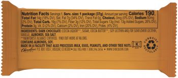 The back of a Chocolove Almonds & Sea Salt in Dark Chocolate mini bar package displays a nutritional facts panel in black text on a warm brown background. It lists details such as 190 calories per serving, 14g of total fat, and 13g of total sugars. The ingredients include dark chocolate, almonds, and sea salt. An allergen warning states the product contains almonds and soy and is manufactured in a facility that processes milk, eggs, peanuts, and other tree nuts.