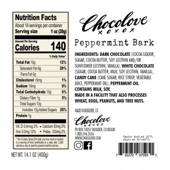 Nutritional Label and Ingredients for Chocolove Peppermint Bark Holiday Gourmet Gift Box