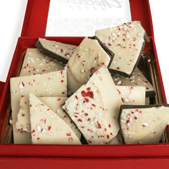 Chocolove Peppermint Bark Gift Box: Irresistible Blend of White and Dark Chocolate, Topped with Crushed Candy Canes - A Festive Delight in an Elegant Red Gift Box