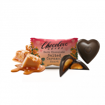 Chocolove Dark Chocolate Salted Caramel Hearts featuring heart-shaped chocolates filled with creamy salted caramel and warm cinnamon notes. The image includes the elegant floral-themed wrapper, caramel pieces with a touch of sea salt, and a cross-section revealing the luscious caramel filling.