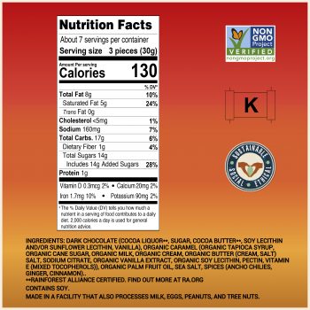 Nutrition facts panel for Chocolove Dark Chocolate Salted Caramel Hearts. Highlights include 130 calories per serving, 8g total fat, 14g of total sugars, and ingredients such as dark chocolate, organic caramel, and spices like ancho chilies and cinnamon. Features Non-GMO Project Verified, Kosher, and Sustainable Social Ethical certification logos.