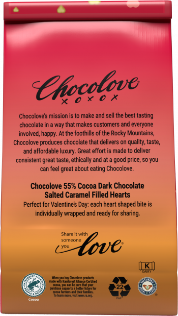 Back of the Chocolove Dark Chocolate Salted Caramel Hearts packaging. Highlights Chocolove’s mission statement emphasizing quality, taste, and ethical practices. Includes product description for 55% cocoa dark chocolate salted caramel-filled hearts, suggesting they are perfect for Valentine’s Day. Features the tagline 'Share it with someone you love' alongside Rainforest Alliance, Kosher Dairy, and sustainability certifications