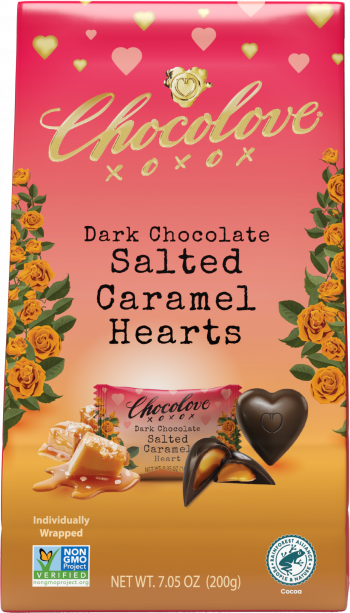 Front of the Chocolove Dark Chocolate Salted Caramel Hearts packaging. Features vibrant red-to-orange gradient with heart-shaped designs and floral accents. Includes a close-up of individually wrapped chocolates and a cut-open chocolate heart revealing a caramel filling. Text highlights 'Dark Chocolate Salted Caramel Hearts' and 'Individually Wrapped,' with Non-GMO Project Verified and Rainforest Alliance Certified logos