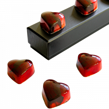 Closeup of Heart Shaped Cherry Cordials with Elegant Black Gift Box - Chocolove's Cherry Cordials Gift Box