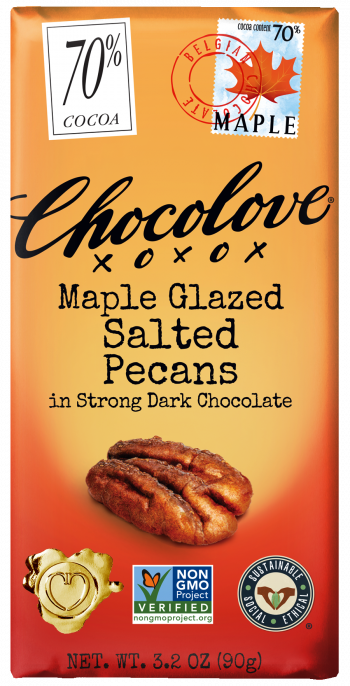 Chocolove Maple Glazed Salted Pecans in Strong Dark Chocolate