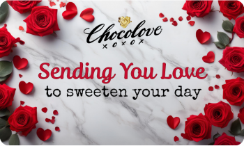 Chocolove 'Share the Love' digital gift card design featuring a marble background, red roses, and scattered heart-shaped decorations, with the text 'Sending You Love to Sweeten Your Day' in bold red and black lettering below the Chocolove logo.